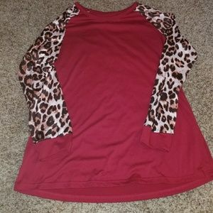 Burgundy Red Leopard Sleeve Raglan